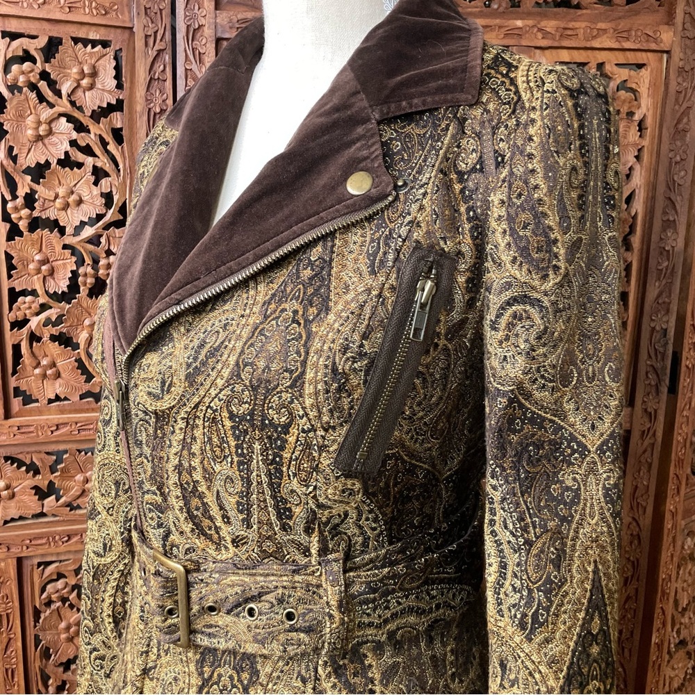 FREE PEOPLE Vintage Y2K Brown Paisley Belted Utility Trench Coat Duster Jacket - Picture 9 of 16